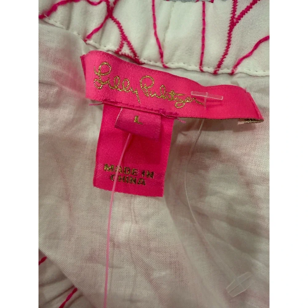 Lilly Pulitzer Lesley Top Raz Berry Botanical Chiffon Eyelet Pink‎ White L NWT